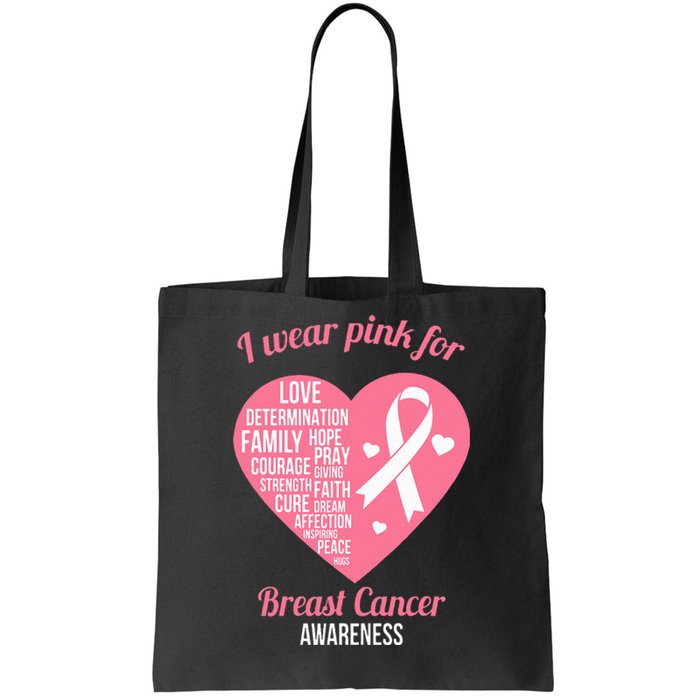 I Wear Pink Ribbon Heart Cool Breast Cancer Awareness Gift Tote Bag