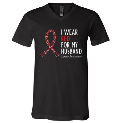 I Wear Red For My Husband Stroke Awareness Survivor Warrior V-Neck T-Shirt