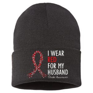 I Wear Red For My Husband Stroke Awareness Survivor Warrior Sustainable Knit Beanie