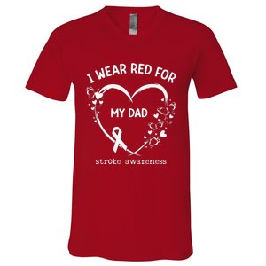 I Wear Red For My Dad Butterfly Heart Stroke Awareness Month V-Neck T-Shirt