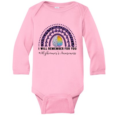 I Will Remember For You Rainbow Brain Alzheimer's Awareness Great Gift Baby Long Sleeve Bodysuit