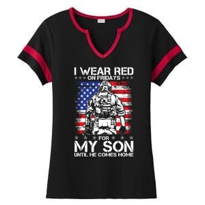 I Wear Red On Fridays For My Son Until He Comes Home Red White And Blue Ladies Halftime Notch Neck Tee