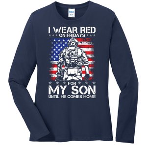 I Wear Red On Fridays For My Son Until He Comes Home Red White And Blue Ladies Long Sleeve Shirt