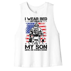 I Wear Red On Fridays For My Son Until He Comes Home Red White And Blue Women's Racerback Cropped Tank