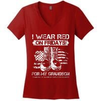 I Wear Red On Fridays For My Grandson Proud US Military Gift Women's V-Neck T-Shirt