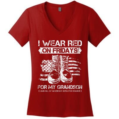 I Wear Red On Fridays For My Grandson Proud US Military Gift Women's V-Neck T-Shirt