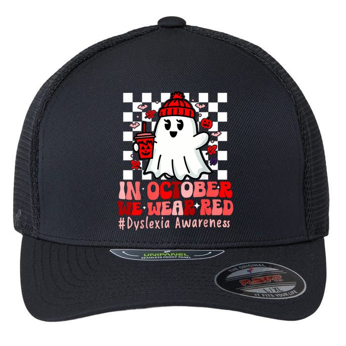 I Wear Red Dyslexia Awareness Month Ghost Halloween Flexfit Unipanel Trucker Cap