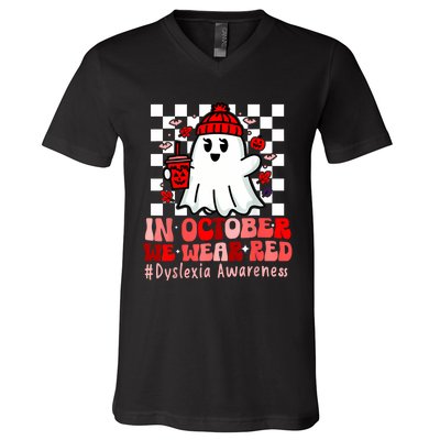 I Wear Red Dyslexia Awareness Month Ghost Halloween V-Neck T-Shirt