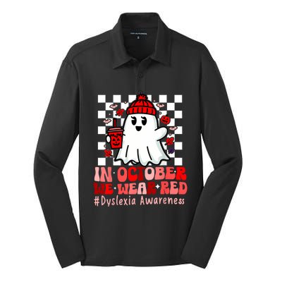 I Wear Red Dyslexia Awareness Month Ghost Halloween Silk Touch Performance Long Sleeve Polo