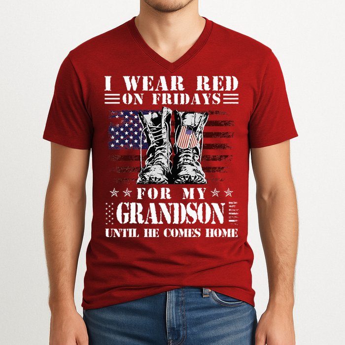 I Wear Red On Fridays For My GRANDSON Until He Comes Home V-Neck T-Shirt