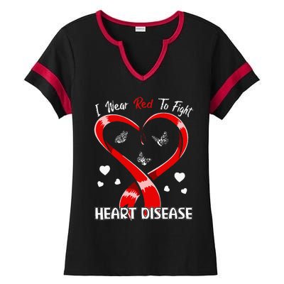 I Wear Red To Fight Heart Disease Awareness CHD Gifts Ribbon Ladies Halftime Notch Neck Tee