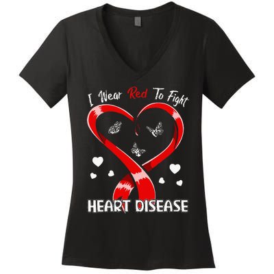 I Wear Red To Fight Heart Disease Awareness CHD Gifts Ribbon Women's V-Neck T-Shirt