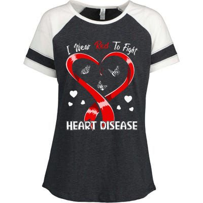 I Wear Red To Fight Heart Disease Awareness CHD Gifts Ribbon Enza Ladies Jersey Colorblock Tee