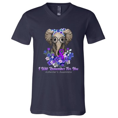 I Will Remember For You Purple Ribbon Alzheimers Awareness V-Neck T-Shirt