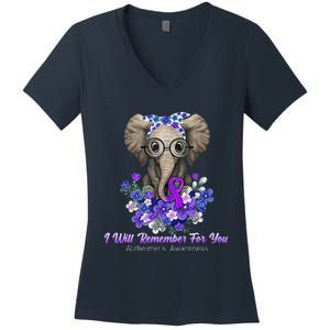 I Will Remember For You Purple Ribbon Alzheimers Awareness Women's V-Neck T-Shirt