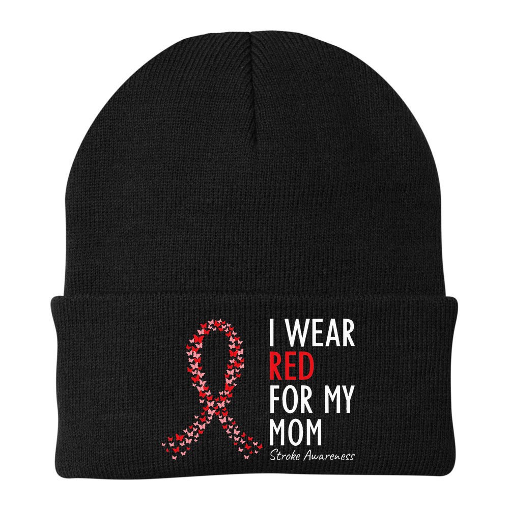 I Wear Red For My Mom Stroke Awareness Survivor Warrior Beanie