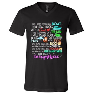 I Will Read Books On A Boat & Everywhere Reading Women V-Neck T-Shirt