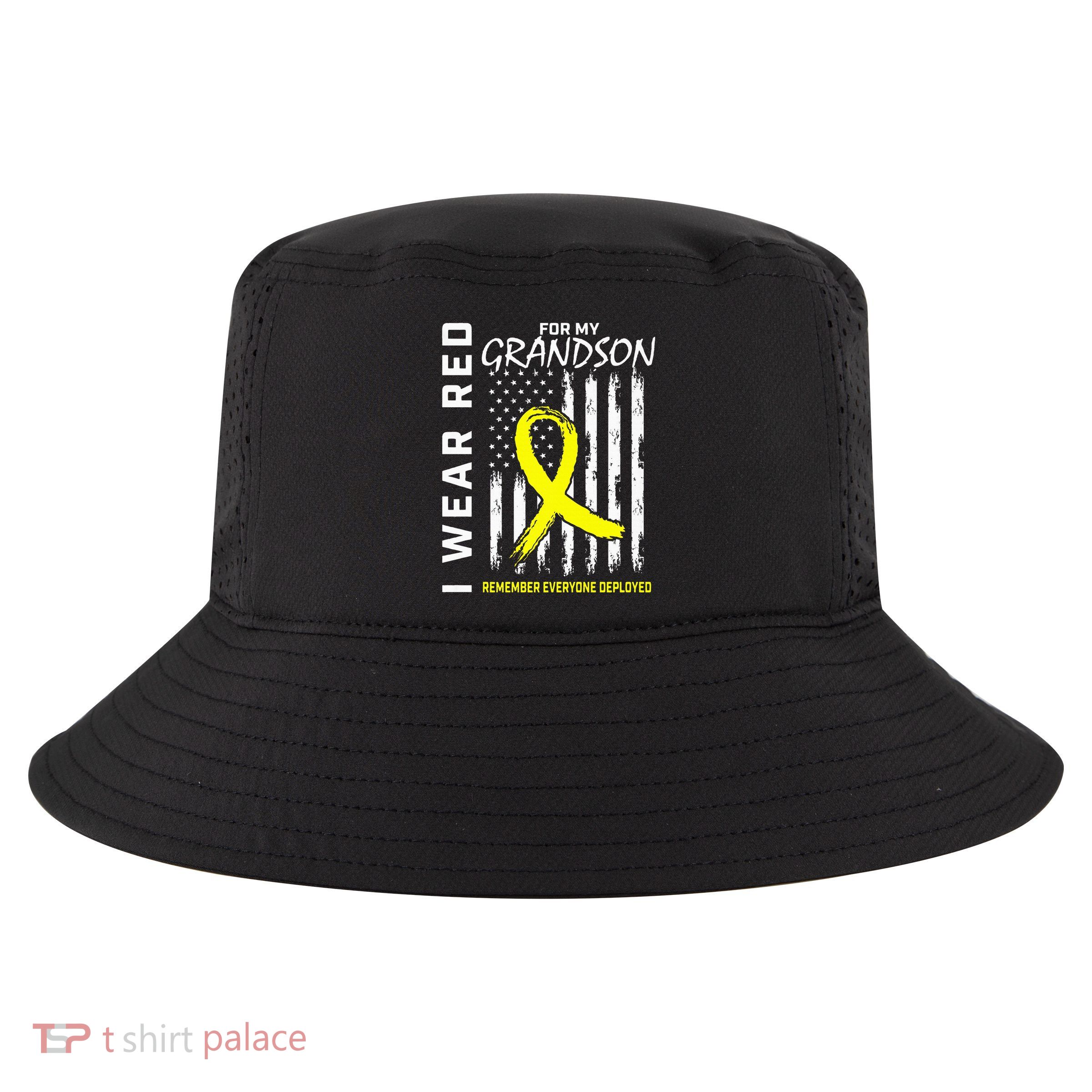 I Wear Red Grandson Yellow Ribbon Military Support USA Flag Cool Comfort Performance Bucket Hat
