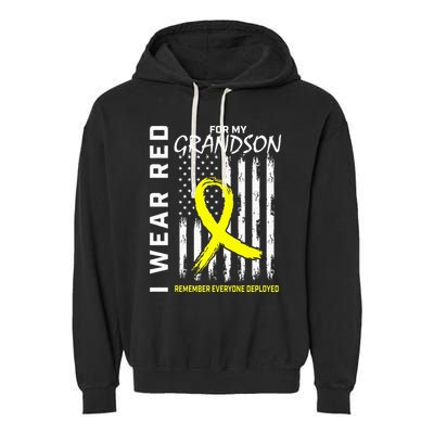 I Wear Red Grandson Yellow Ribbon Military Support USA Flag Garment-Dyed Fleece Hoodie