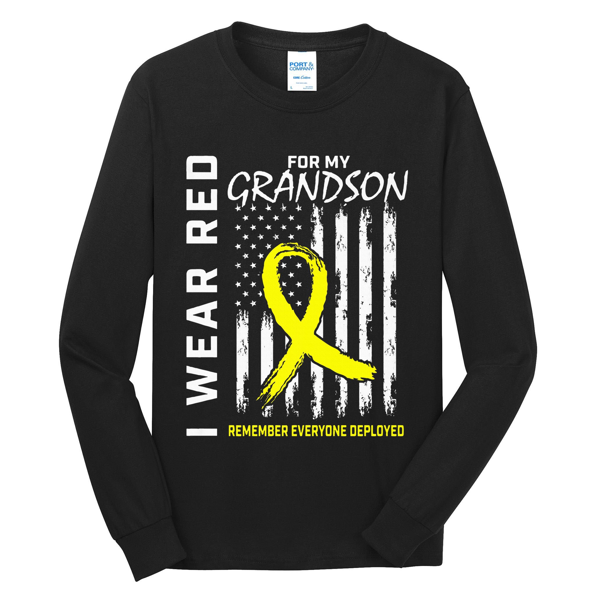 I Wear Red Grandson Yellow Ribbon Military Support USA Flag Tall Long Sleeve T-Shirt