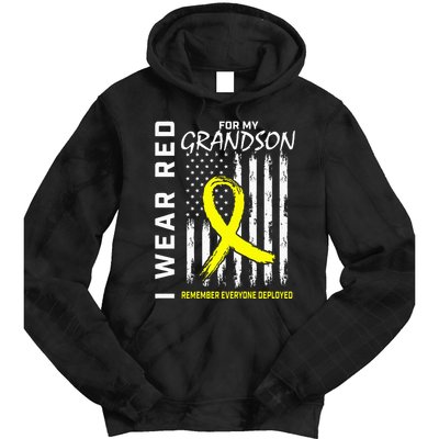I Wear Red Grandson Yellow Ribbon Military Support USA Flag Tie Dye Hoodie