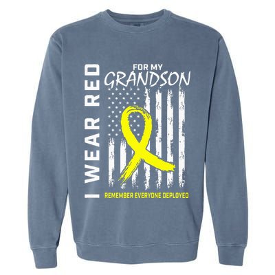 I Wear Red Grandson Yellow Ribbon Military Support USA Flag Garment-Dyed Sweatshirt