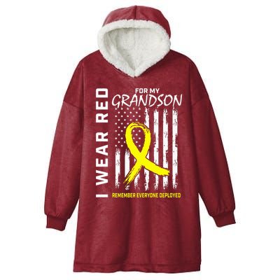 I Wear Red Grandson Yellow Ribbon Military Support USA Flag Hooded Wearable Blanket