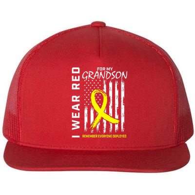 I Wear Red Grandson Yellow Ribbon Military Support USA Flag Flat Bill Trucker Hat