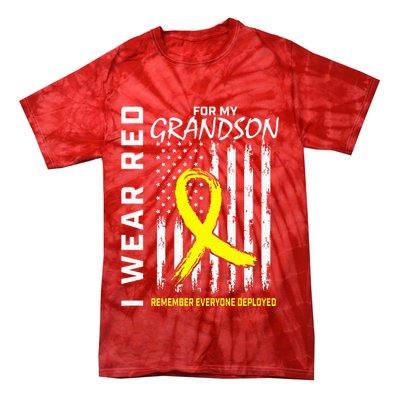 I Wear Red Grandson Yellow Ribbon Military Support USA Flag Tie-Dye T-Shirt