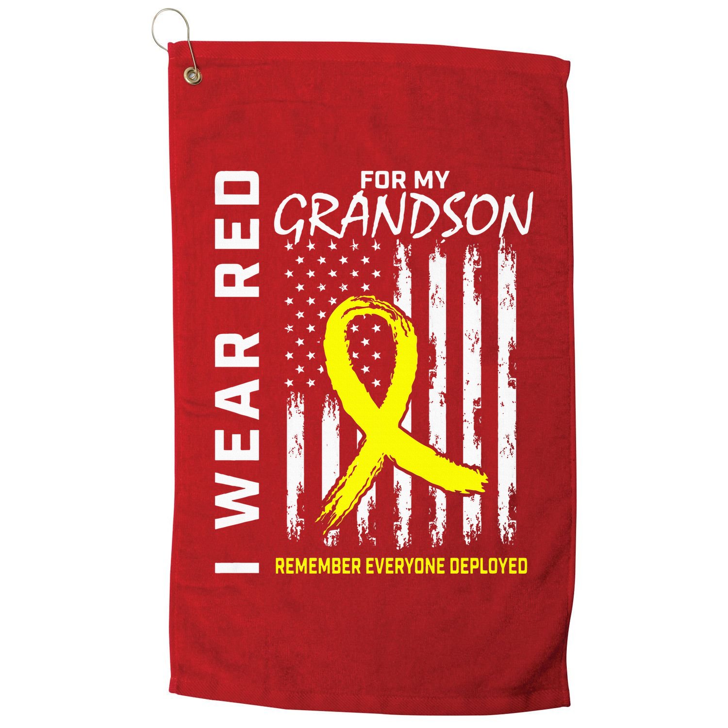 I Wear Red Grandson Yellow Ribbon Military Support USA Flag Golf Towel