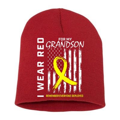 I Wear Red Grandson Yellow Ribbon Military Support USA Flag Short Acrylic Beanie