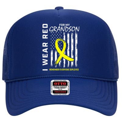 I Wear Red Grandson Yellow Ribbon Military Support USA Flag High Crown Mesh Back Trucker Hat