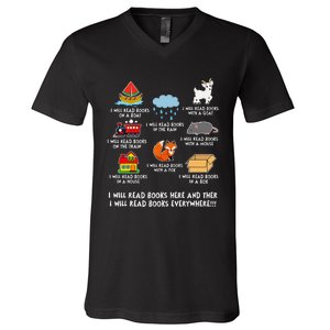 I Will Read Books On A Boat And Everywhere Library V-Neck T-Shirt