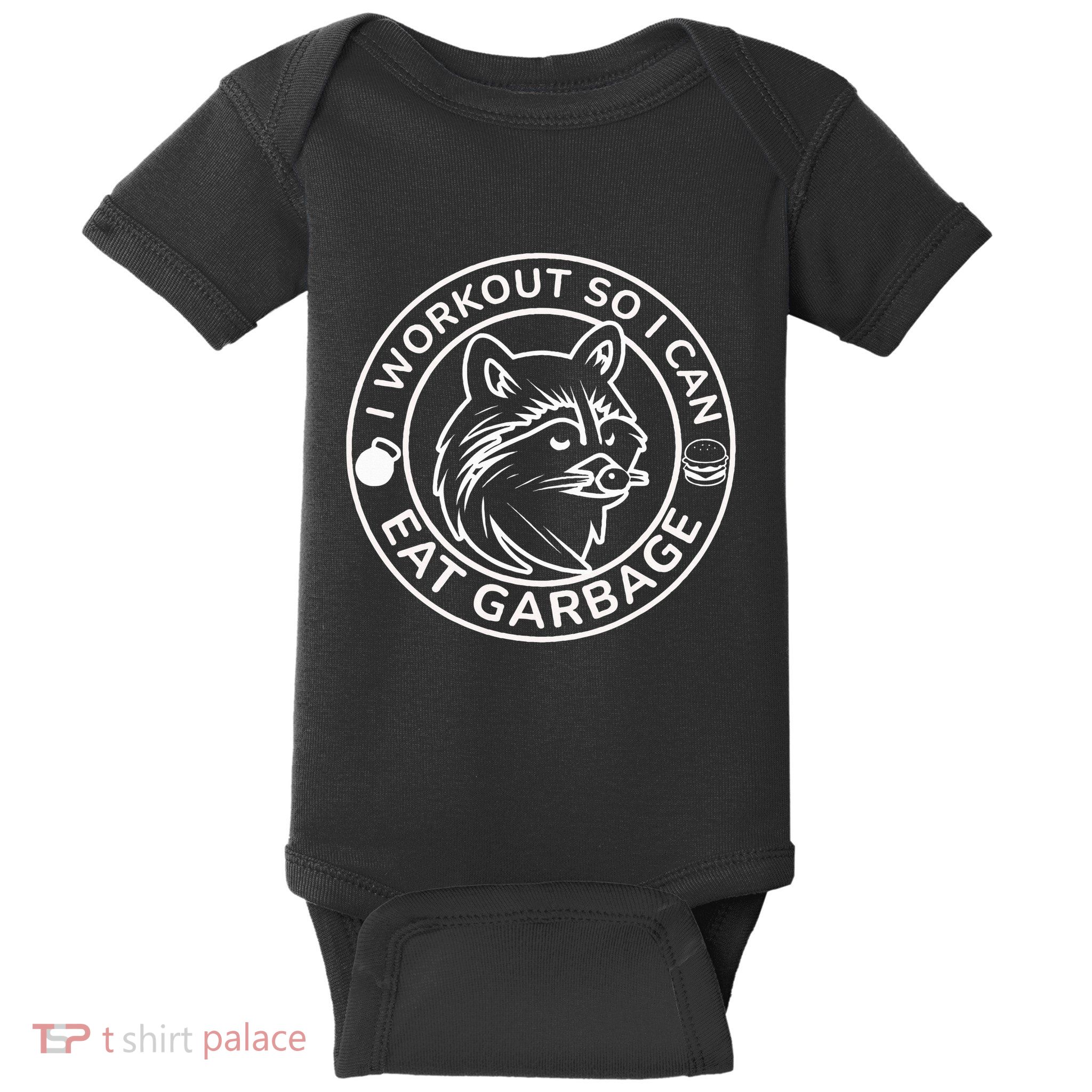 I Workout So I Can Eat Garbage Funny Gym Raccoon Trash Panda Baby Bodysuit
