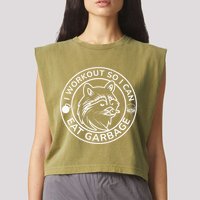 I Workout So I Can Eat Garbage Funny Gym Raccoon Trash Panda Garment-Dyed Women's Muscle Tee