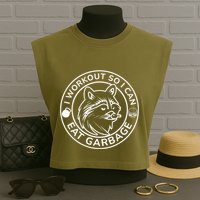 I Workout So I Can Eat Garbage Funny Gym Raccoon Trash Panda Garment-Dyed Women's Muscle Tee