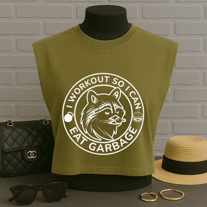 I Workout So I Can Eat Garbage Funny Gym Raccoon Trash Panda Garment-Dyed Women's Muscle Tee