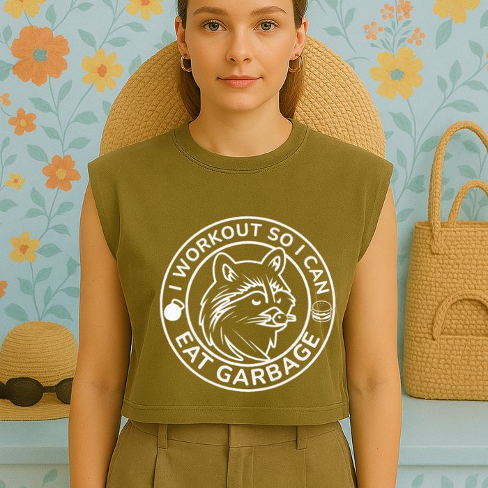 I Workout So I Can Eat Garbage Funny Gym Raccoon Trash Panda Garment-Dyed Women's Muscle Tee