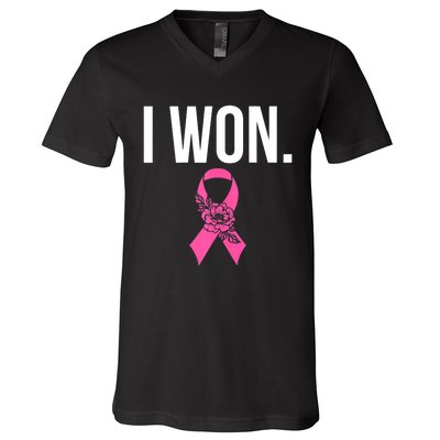 I Won Survivor Fighter Breast Cancer Awareness Pink Ribbon V-Neck T-Shirt