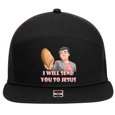 I Will Send You To Jesus Funny Asian Guy Asian Stereotypes 7 Panel Mesh Trucker Snapback Hat