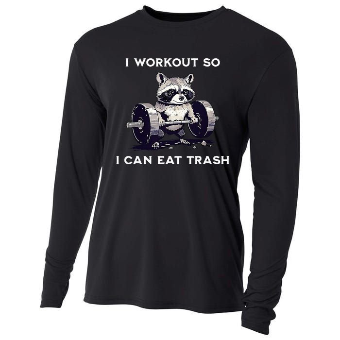 I Workout So I Can Eat Trash Funny Raccoon Gym Weightlifting Cooling Performance Long Sleeve Crew