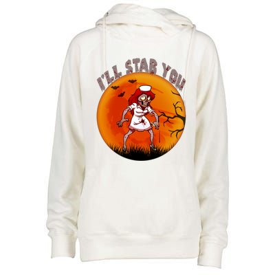 I Will Stab You Zombie Nurse Blood Halloween Scary Sunset Cool Gift Womens Funnel Neck Pullover Hood