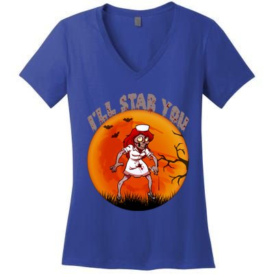 I Will Stab You Zombie Nurse Blood Halloween Scary Sunset Cool Gift Women's V-Neck T-Shirt