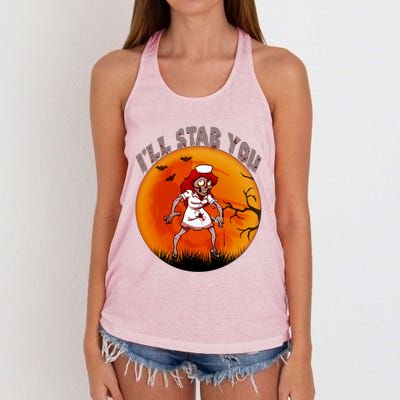 I Will Stab You Zombie Nurse Blood Halloween Scary Sunset Cool Gift Women's Knotted Racerback Tank