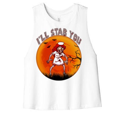 I Will Stab You Zombie Nurse Blood Halloween Scary Sunset Cool Gift Women's Racerback Cropped Tank