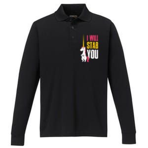 I Will Stab You Unicorn Cool Gift Performance Long Sleeve Polo