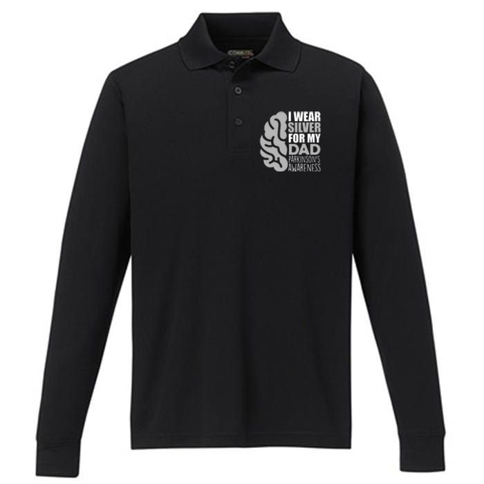 I Wear Silver For My Dad Parkinsons Awareness Performance Long Sleeve Polo