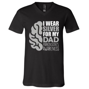 I Wear Silver For My Dad Parkinsons Awareness V-Neck T-Shirt