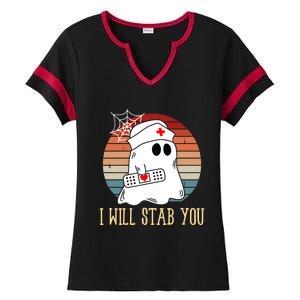 I Will Stab You Ghost Nurse Retro Funny Halloween For Nurses Gift Ladies Halftime Notch Neck Tee