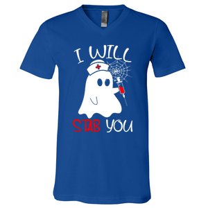 I Will Stab You Gift Funny Ghost Halloween Nurse Gift V-Neck T-Shirt